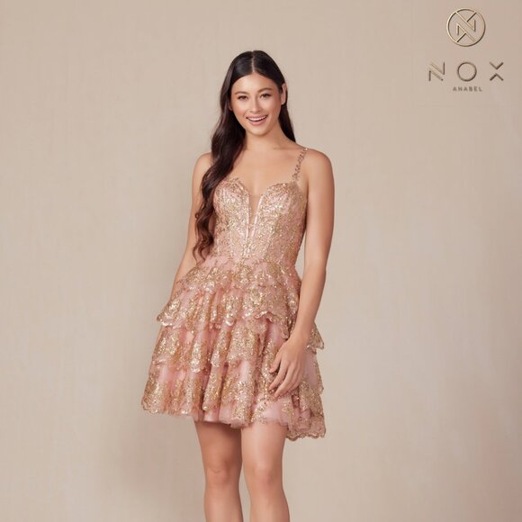 NEW FORMAL SLEEVELESS RUFFLED SEQUINS EMBELLISHED DRESS W/ RUFFLED SKIRT NX E914 - Picture 4 of 9